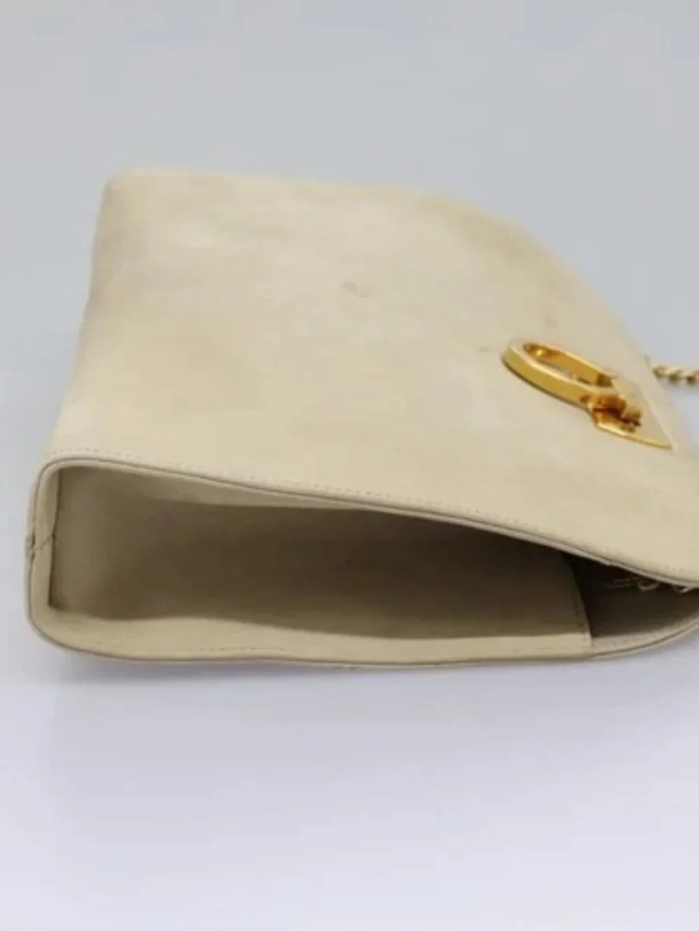 Salvatore Ferragamo Gancini Chain Shoulder Bag Suede Beige Gold Auth MY113